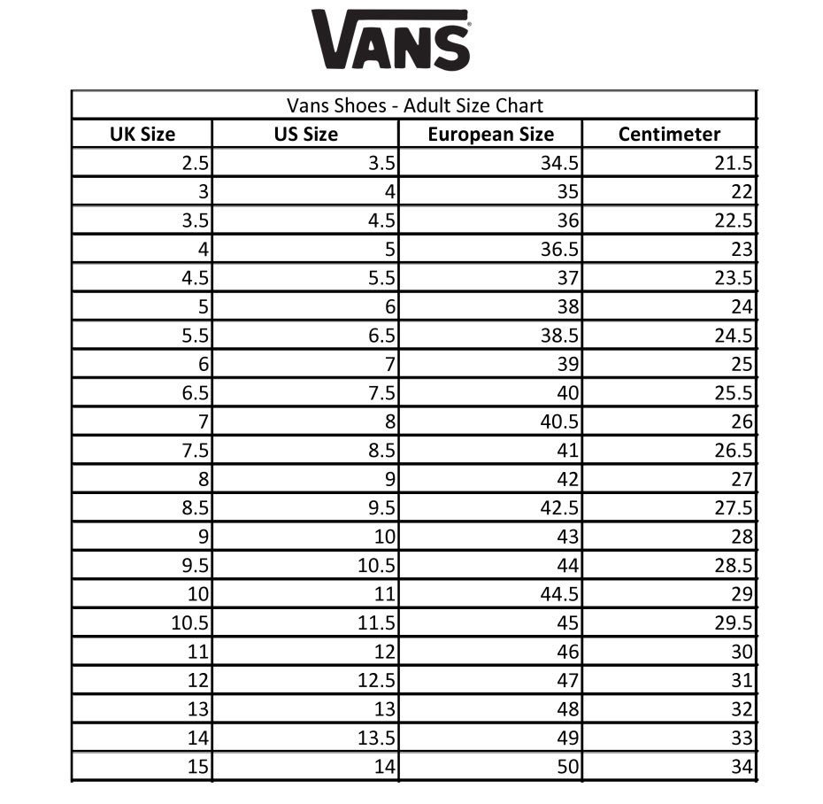 Vans Sizing Chart Inches Online Sale 