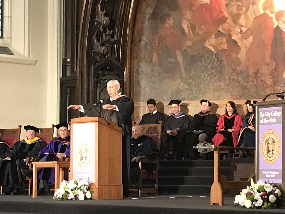 CityCollegeNY's tweet photo. I love this place, says General Colin L. Powell, and the whole #publicschool system. He first came to #CCNY 64 years ago #classof58 #ccnyalumniimpact #publiceducation #CCNYPresBoudreauInvestiture @NYCSchools https://t.co/X6oBaSk9GK