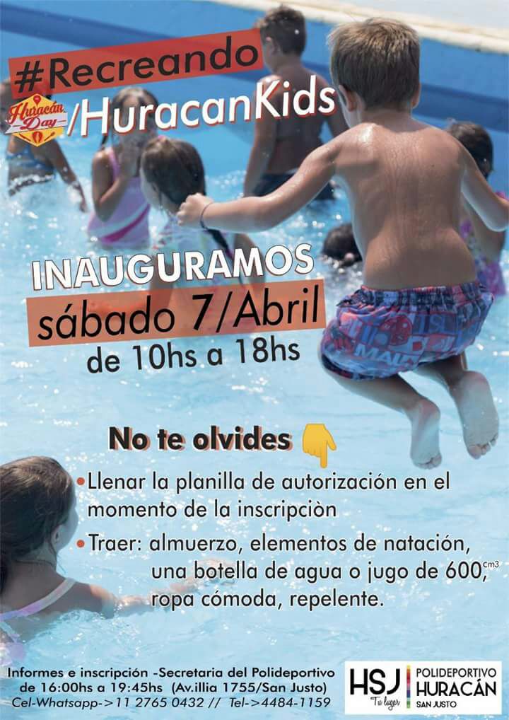 📢 #Recreando/HuracanKids🤽🏻‍♂⛹🏻‍♂
#Sábado 7/4 (inauguramos)de 10:00hs a 18:00hs /
⚡Niños de 3 a 9 años.
 ☑Pileta climatizada-
 ☑Juegos predeportivos-
☑Canchas👊y todo para que  tu día sea un momento divertido e inolvidable!!
Info🎈 4484 1159 de Lun a Vier 16:00 a 19:45