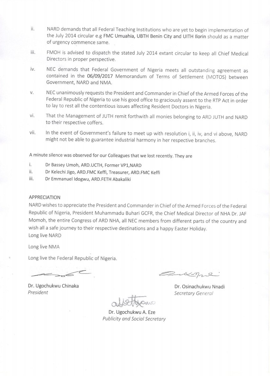 Press Release by NARD following an Extraordinary National Executive Council Meeting held on Tuesday,27.03.2018