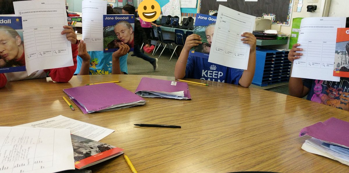 MrsEmFelix's tweet photo. Today these awesome first graders told me "Mrs. Felix, we love this book AND we love this seat work!" They were reading about Jane Goodall, and had to use their book for text evidence when finding details. Talk about shock, amazement, and all around love 💜 #daymade @ADES_SMUSD https://t.co/hXUHboN2RE