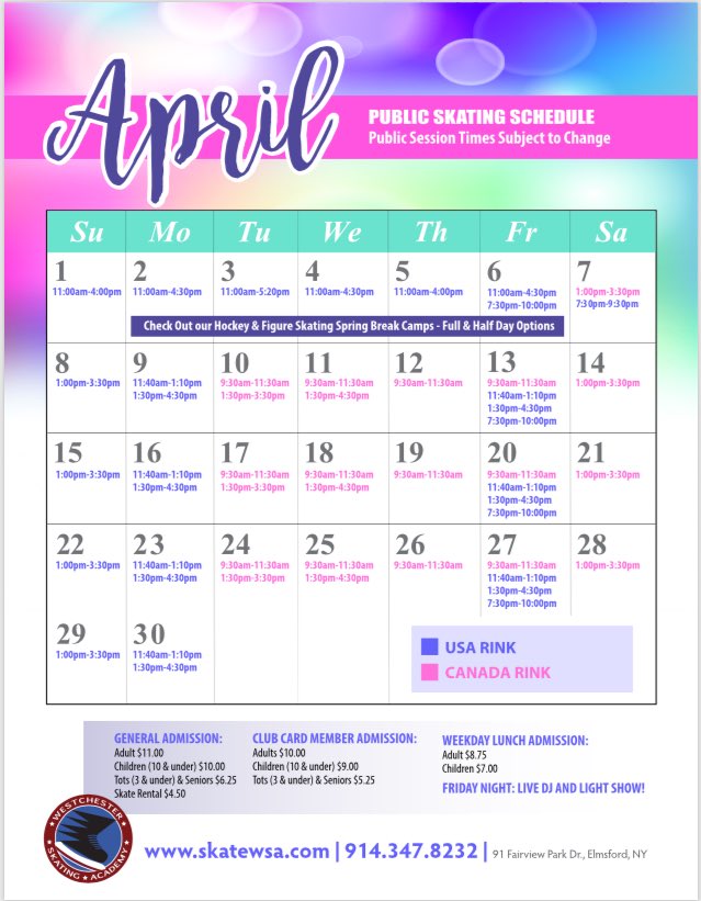 SkateWSA's tweet photo. Spring break begins tomorrow! We’ve got extended #PublicSessions and #Camps running you won’t want to miss! 🏒💐🌤⛸ https://t.co/OuQB7CbAKM