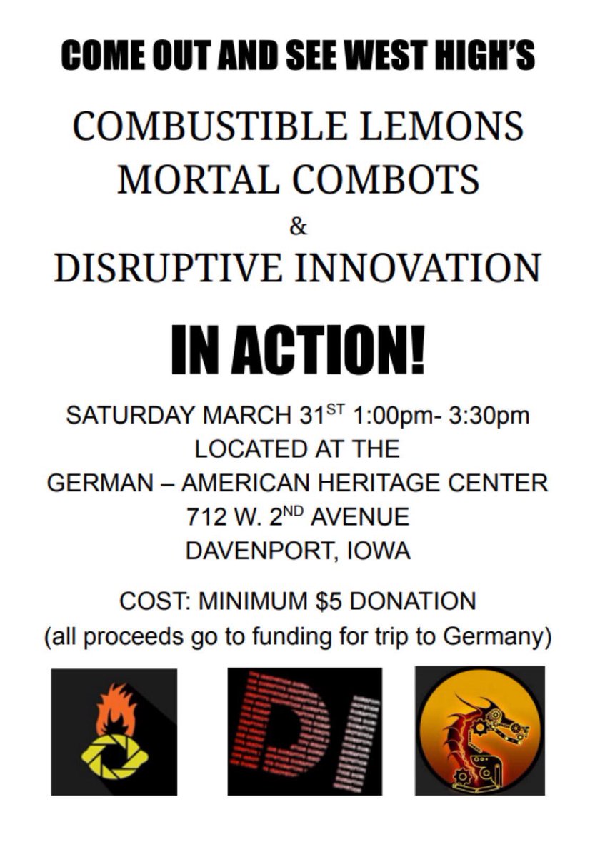 Combustible Lemons (@ftcteam5466) on Twitter photo Come support Davenport West Robotics this weekend as we prepare for our trip to Kaiserslautern, Germany! <a href="/FTC_10547/">FTC Mortal Combots</a> <a href="/West_INSPIRE/">FRC Team #6317</a> Come support Davenport West Robotics this weekend as we prepare for our trip to Kaiserslautern, Germany! <a href="/FTC_10547/">FTC Mortal Combots</a> <a href="/West_INSPIRE/">FRC Team #6317</a>