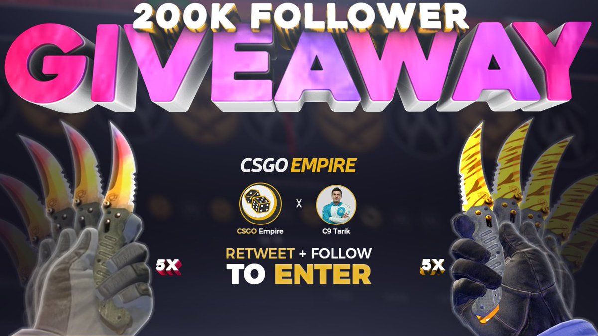 Just recently hit the 200k follower milestone on Twitter!! In celebration, I'll be giving away 5x Flip Knife | Fade (Factory New) AND 5x Flip Knife | Tiger Tooth (Factory New) 1. Follow @tarik & @CSGOEmpire 2. Retweet 3. 10 winners picked on April 5th, 2018