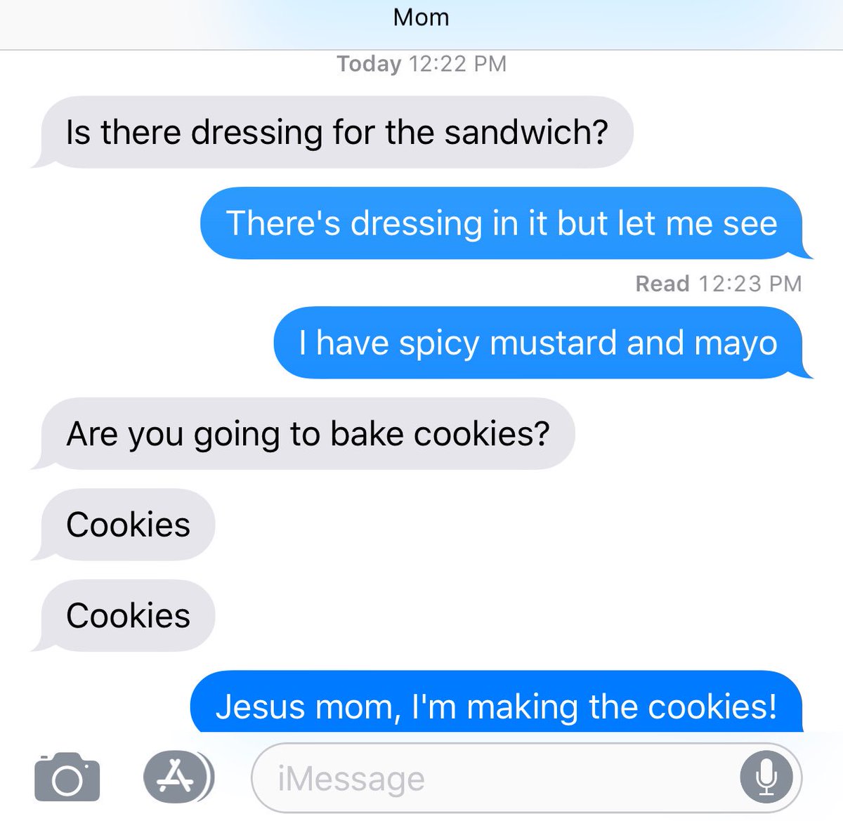 nosaltsara's tweet photo. My Mom texting me from inside a lunch class at my office. Never has anyone wanted cookies more than this woman. https://t.co/fg9aVsa2Xz