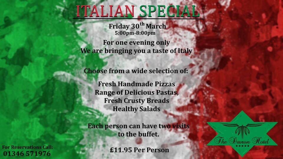 Our Next Theme Night!
Friday 30th March we are bringing the taste of Italy to You! Italian Buffet Night! 
Fantastic Range of Home made Pizzas, Wide Selection of Pasta Dishes and also a Salad Bar! You even get to visit the buffet twice! 
Call 571976 <a href="/DFraserburgh/">Discover Fraserburgh</a> <a href="/visitabdn/">VisitAbdn</a>