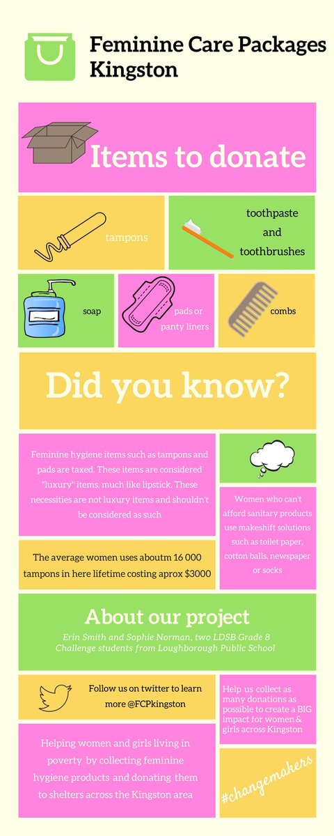 FCPkingston's tweet photo. Women &amp; girls w/o access to hygiene products are often forced to use cotton balls, socks, toilet paper or newspaper. Others miss school/work because they're without sanitary products. #ygk help us change this outcome by donating items, help us be #changemakers https://t.co/6xwt0XZXGL