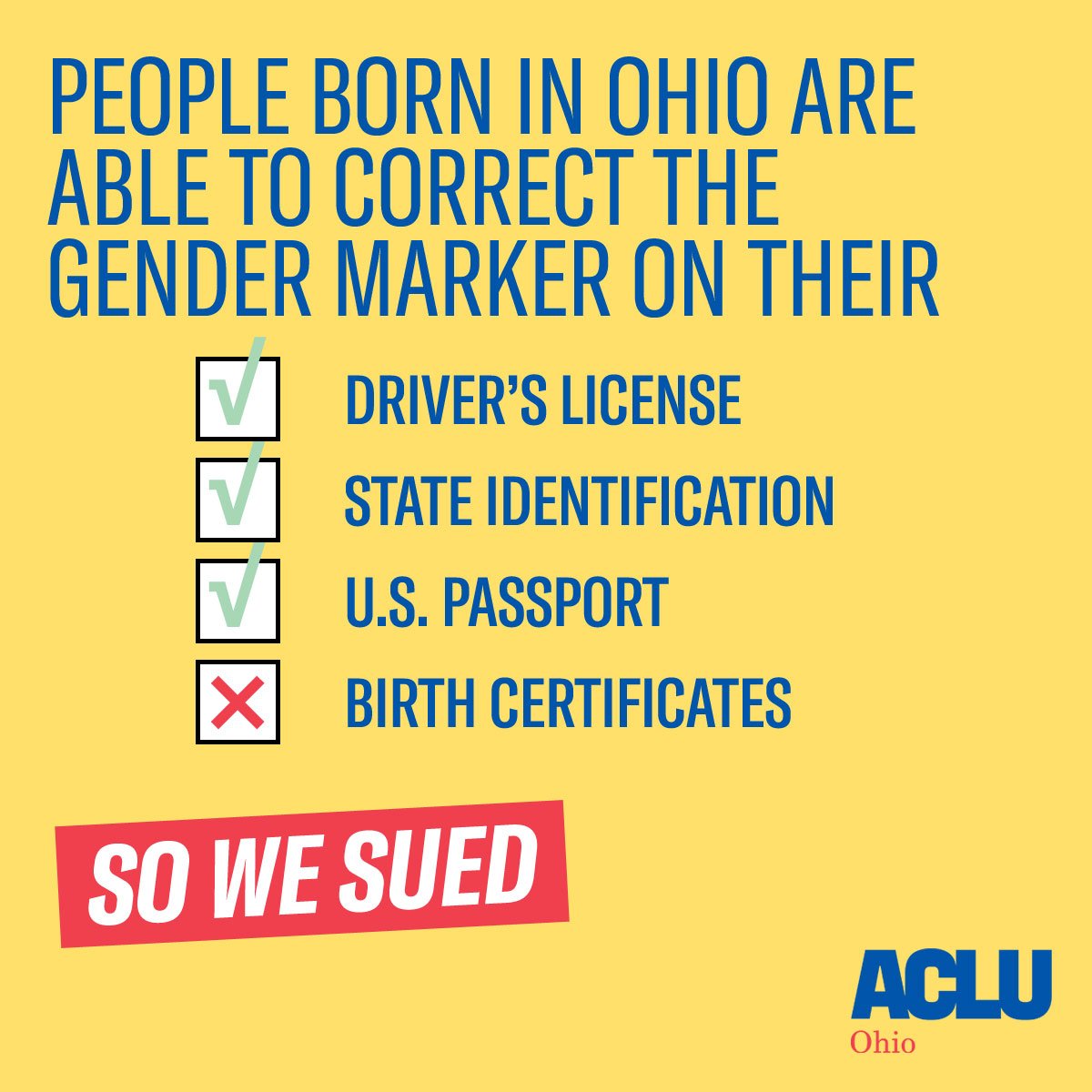 This morning we filed a lawsuit to challenge Ohio's discriminatory birth certificate policy! <a href="/LambdaLegal/">Lambda Legal</a> <a href="/ACLU/">ACLU</a> <a href="/transohio/">transohio</a> <a href="/EqualityOhio/">Equality Ohio</a> acluohio.org/archives/press…