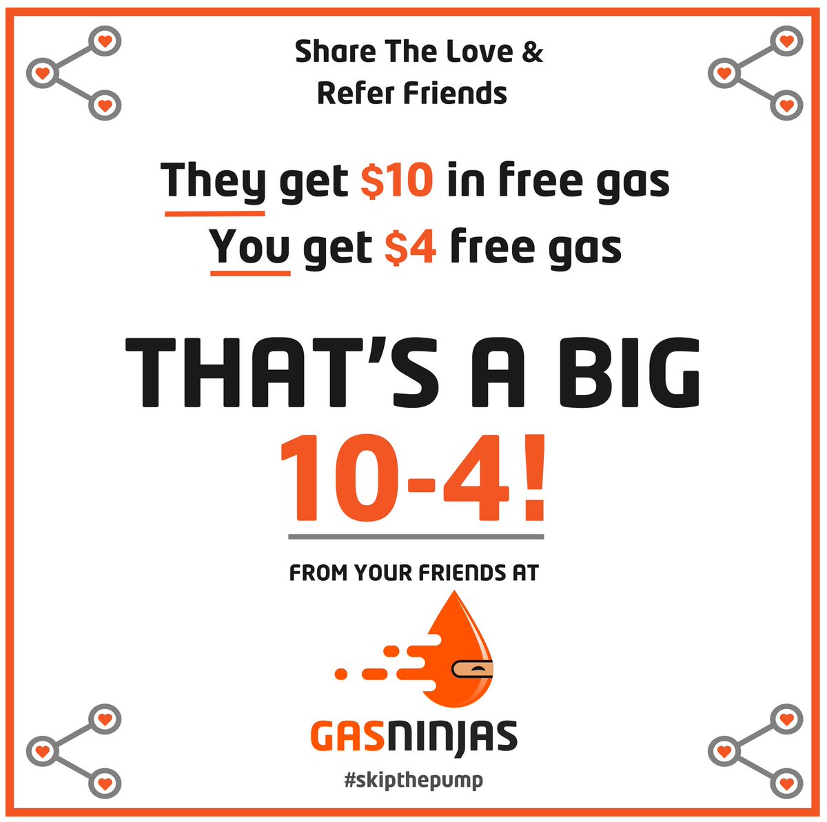 Love GasNinjas? Refer your friends and they get $10 in free gas! For every friend who orders, you get $4 in free gas. Plus there’s no limit to the number of friends you can refer! To find your referral code, please tap Invite Friends in the menu. #sharethelove #skipthepump