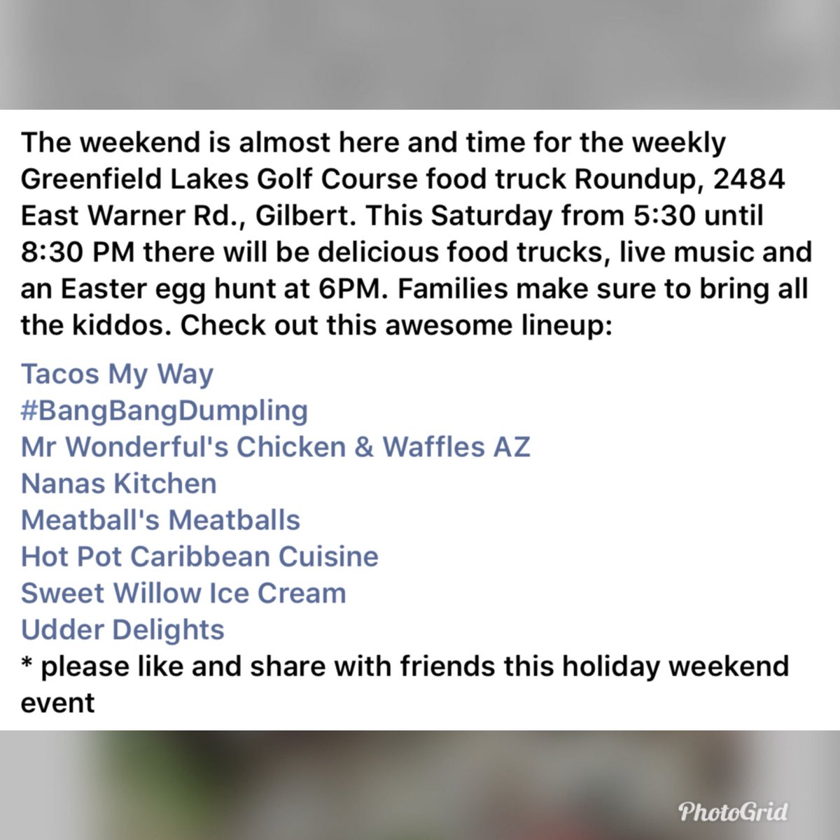 Join me and a few of my food truck friends this Saturday from 5:30-8:30 at Greenfield Lakes Golf Course Food Truck Roundup! #azgourmet #thisweekend #easteregghunt #mwcwaz #foodtruckroundup #greenfieldgolfcourse