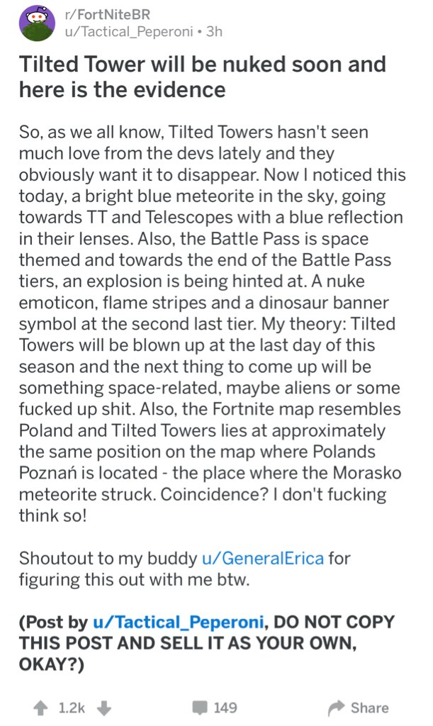 GoldenboyFTW's tweet image. This seems like a shitpost but I’m starting to believe something might be afoot in @FortniteGame. 🧐

Thread: reddit.com/r/FortNiteBR/c…