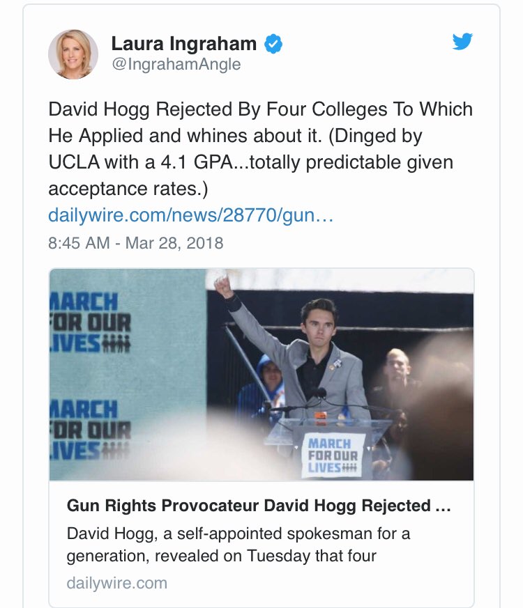 Shame on you <a href="/IngrahamAngle/">Laura Ingraham</a> your the definition of a bully talking down to <a href="/KingJames/">LeBron James</a> &amp; picking on <a href="/davidhogg111/">David Hogg 🟧</a> a young man who is advocating for change -advocating to PROTECT LIVES. Not only should advertisers drop you so should <a href="/FoxNews/">Fox News</a> #BoycottIngram 🚫#neveragain