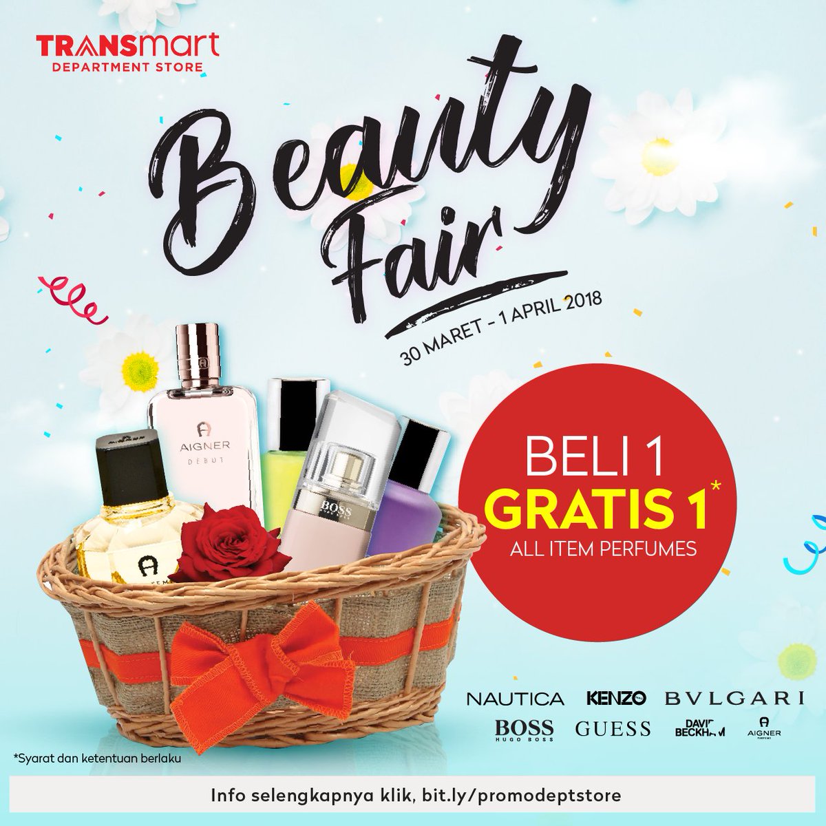 Transmart_IND's tweet photo. BELI 1 GRATIS 1 untuk Anda miliki harum mewahnya parfum favorit dengan harga lebih hemat! Koleksi seluruhnya yang Anda suka di #TransmartDeptStore. Periode promo 30 Mar - 1 Apr 2018. Info selengkapnya, kunjungi https://t.co/bt6LfCsz6y #PromoHebatTransmartCarrefour https://t.co/g7jdXq1pKN