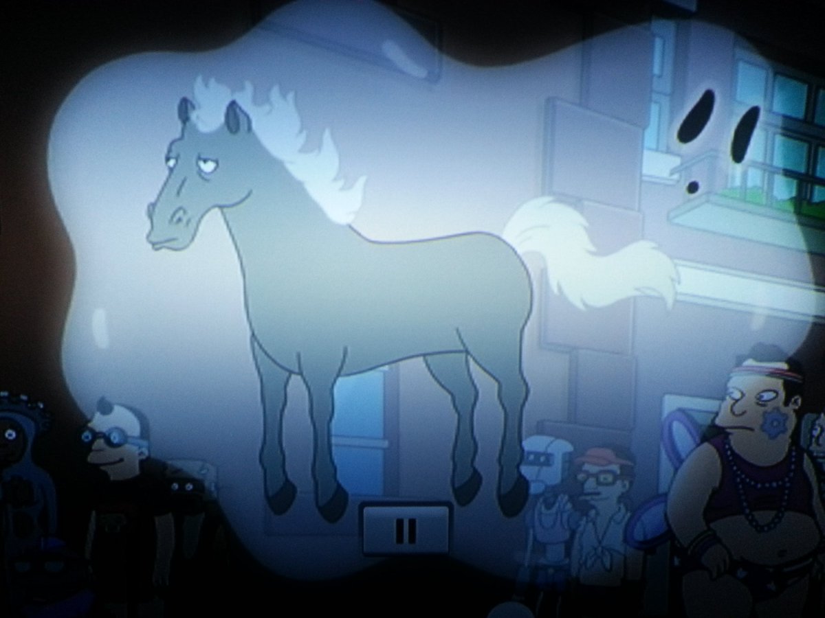 WTFamicom's tweet photo. #Futurama turns 19 years old today. To celebrate here is an example of it's genius - a picture of a ghost and a horse, assumed to be dating and fucking, fighting for robosexual marriage rights. #ghost #horse #equalrights #mattgroening #bestshowever #wtfamicom #fry #leela #bender https://t.co/43DnoDYsPo