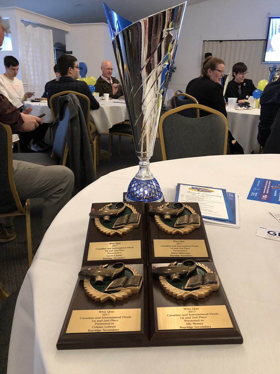 cindy314159's tweet photo. @BayridgeSS_LDSB took home some serious hardware at the @WPBSTV Watertown #WhizQuiz Awards Banquet tonight: 1st place Canadian team &amp; 2nd place international team. Had a great time.... Great work, Blazers! Thanks, WPBS. Looking forward to next year!#bssROCKs @LimestoneDSB https://t.co/eOa3Cv5ifL