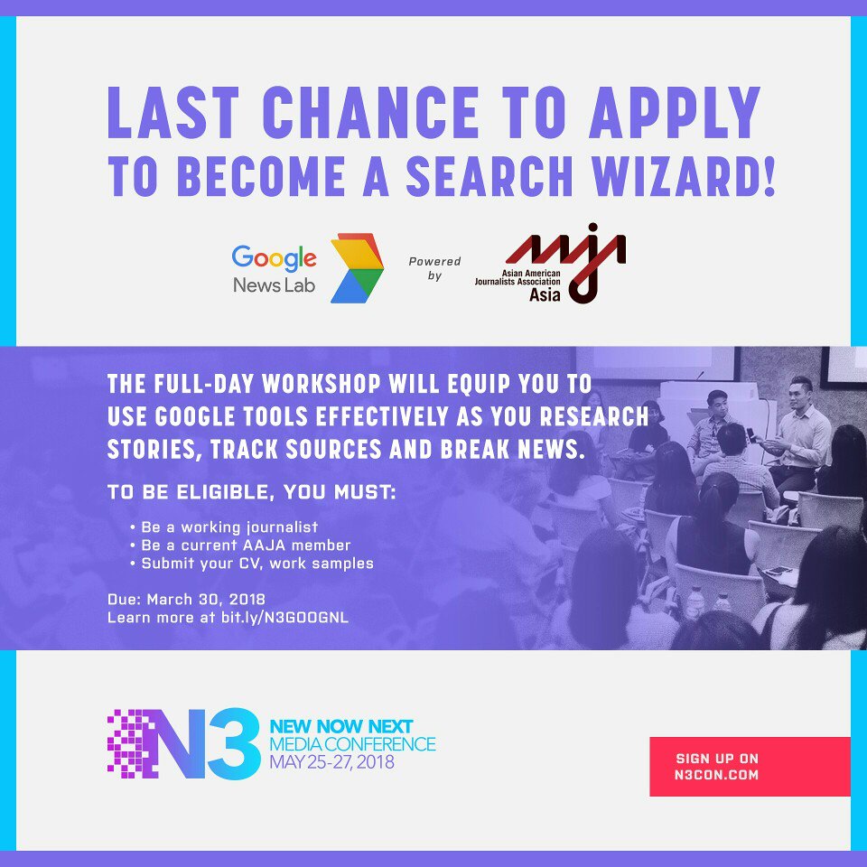 AAJAAsia's tweet image. Don't miss this great chance to become a #journalist with #wizard skills! 
TODAY is the last day to apply for this superb #googlenewslab workshop. 
So what are we waiting for? APPLY NOW ow.ly/pxyq30jelNC 
#AAJAAsia #N3Con2018