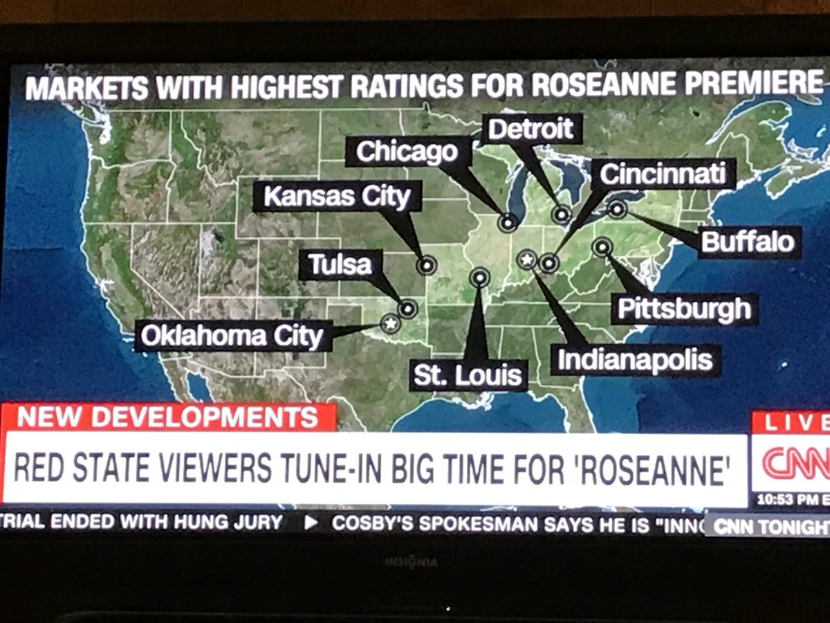 ahikingtrail's tweet photo. @therealroseanne I had to share this with you, @CNN Has a ratings coverage map of your show,😳this looks similar to the same map that said Hillary was going to win😆 https://t.co/QcnCTNPEta