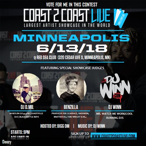 moonlitecrybaby's tweet photo. Just voted for Doozy to perform for $50K Prize at #Minneapolis Edition 6/13/18! https://t.co/VwAjCcTaDe #Coast2Coast https://t.co/l0R43KdoGX