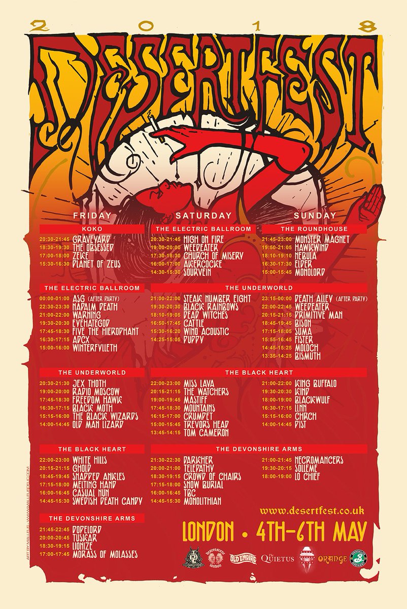 The Desertfest 2018 stage times are here, so you can finally start planning your mad dash round Camden this May. To help you with that, we've set up the Desertfest clash finder. To use the clashfinder or to snap up the remaining tickets, follow the link.

desertfest.co.uk/news-all/stage…