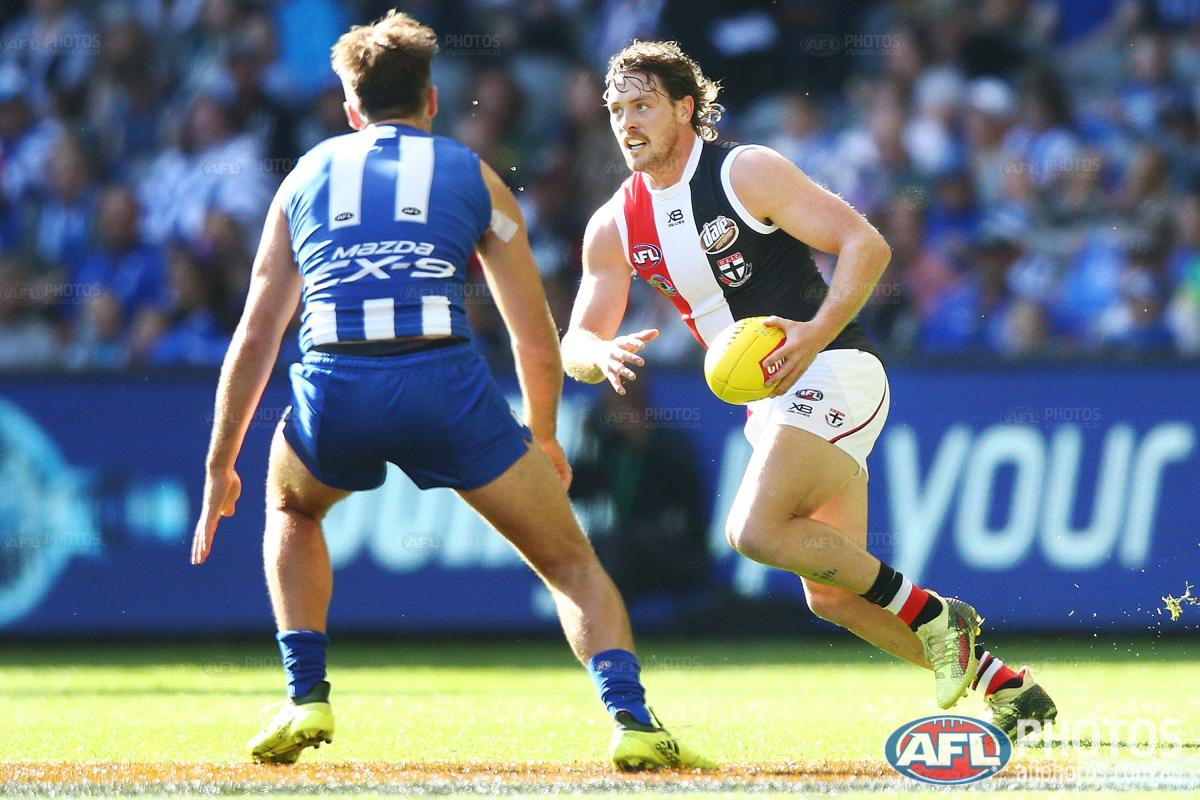 AFL's tweet image. HT: @NMFCOfficial 2.10 (22) are level with @stkildafc 2.10 (22). 

#AFLNorthSaints
