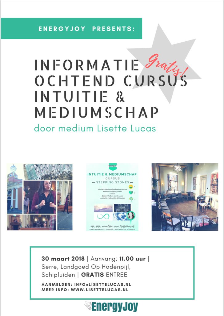 Lisettelucas's tweet photo. 💛INFORMATIE-OCHTEND Cursus Intuïtie & Mediumschap💛
Datum: Vrijdag 30 maart 2018
Aanvang: 11.00 uur
Entree: Gratis
Locatie: Serre Op Hodenpijl te Schipluiden
#informatie #cursus #mediumschap #medium #intuitie #reading #consult #psychic @OpHodenpijl https://t.co/j2x1v9V5Mi https://t.co/515i3xCX6W