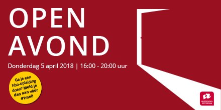 Kom je ook kennis maken met onze opleidingen op de laatste #openavondHR van dit schooljaar? Je bent van harte welkom &amp; wij staan klaar om je vragen te beantwoorden. Het programma &amp; aanmelden-> bit.ly/1KBi73a. Let op: ga je een hbo-opleiding doen? Meld je aan vóór #1mei!