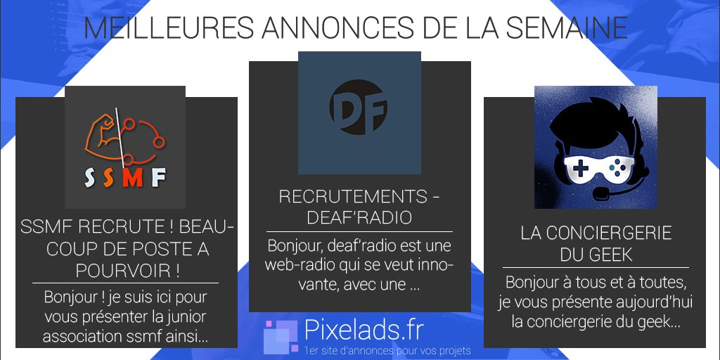 Pixelads_FR's tweet image. LES ANNONCES POPULAIRES DE LA SEMAINE ⤵

➡ Annonce de @antoinlp :
🔗 pixelads.fr/recrutements-d…

➡ Annonce de SSMF :
🔗 pixelads.fr/ssmf-recrute-b…

➡ Annonce de @ConciergerieDG :
🔗 pixelads.fr/la-conciergeri…

🔹 PIXELADS.FR    | #ADOPTEUNPROJET