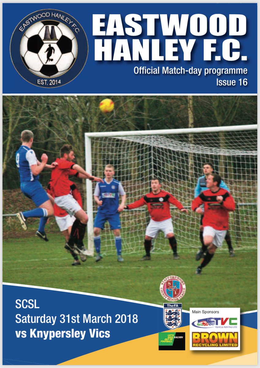🔵Next Fixture⚽️

📆 31/03/18
⚽️ Vs <a href="/KnypeVicsFC/">Knypersley Vics FC</a> 
📍Wellbeing Park,ST15 0NF
🏆 <a href="/staffscountysl/">Staffordshire County Senior League</a> Prem
⏰ 2.30pm KO
💷 £3 adults (inc prog) Kids Free.

Here is the cover of the matchday program.