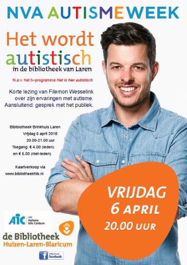 Korte lezing Filemon Wesselink over zijn ervaringen met autisme <a href="/BibliotheekHLB/">Bibliotheek HLB</a> in Laren op vrijdag 6 april om 20:00 uur

#autismeweek 

bibliotheekhlb.nl/actueel/agenda…