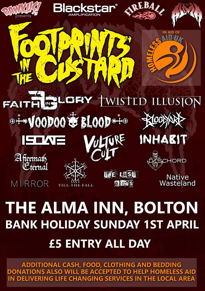 Looking forward to returning to The Alma on Sunday 1st April with <a href="/RawkusEvents/">Rawkus Events</a> for "The Big Alma Homeless Aid Benefit!" Get down &amp; support this, all money raised goes to <a href="/HomelessAid_UK/">HomelessAidUK</a> £5 entry for all day, donations of clothes, bedding, toiletries etc welcome! See you there 🤘