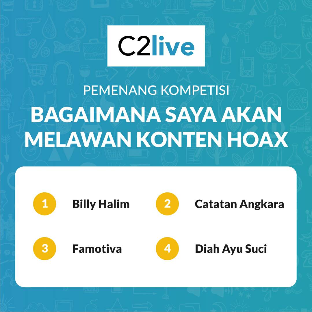 joinC2Live's tweet photo. Halo bloggers!!
Mau bagi info sebentar yaa
Pemenang Student Blog Competition Melawan Hoax adalah:
1. Billy Halim
2. Catatan Angkara
3. Famotiva
4. Diah Ayu Suci
Selamat yaa!!
Info selanjutnya akan dihubungi via email oleh tim C2live.
#C2live #LombaBlog #LawanHoax https://t.co/PYJW2wT7Aq
