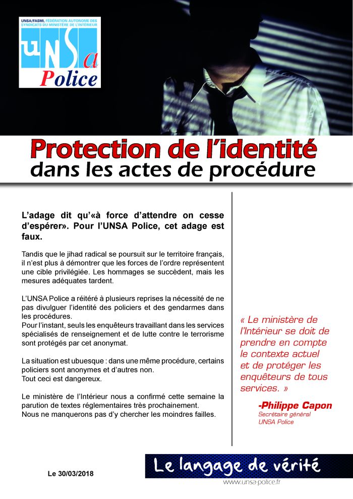 UNSAPOLICE's tweet photo. "Protection de l’identité des Policiers et des Gendarmes dans les actes  de procédure : le ministère de l’Intérieur se doit de prendre en compte  le contexte actuel et de protéger les enquêteurs de tous services."  Philippe Capon Secrétaire général @UNSAPOLICE https://t.co/iXRTbhcfES