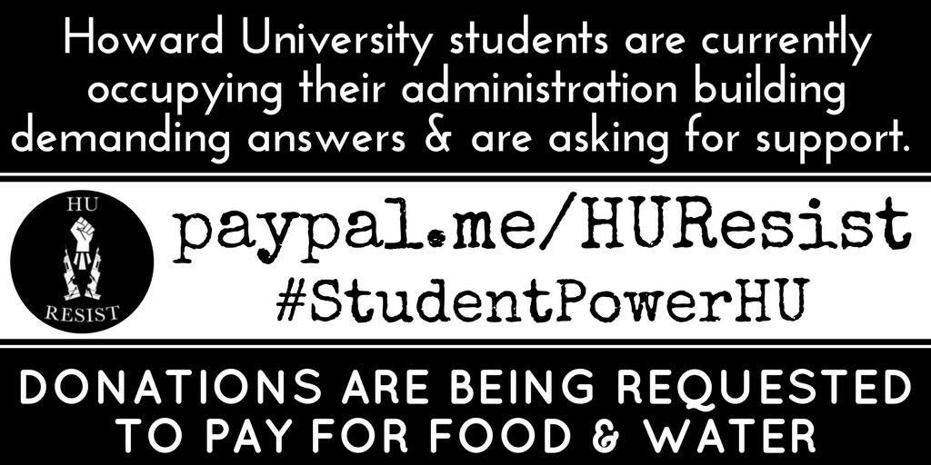 DMVBlackLives's tweet photo. Good Morning! Make sure to continue supporting and twitting about the @HUResist student take over. The students are not going anywhere until their demands are met. They called the President and he disconnected his number. They have LO’s and Medics on the scene.#HUResist https://t.co/fUu5eLCjfJ