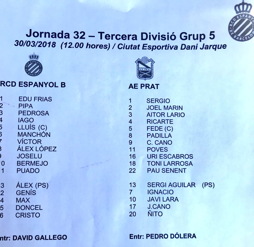 noeliadeniz's tweet image. Alineaciones del Espanyol B v Prat #rcde #cantera #3aDiv5