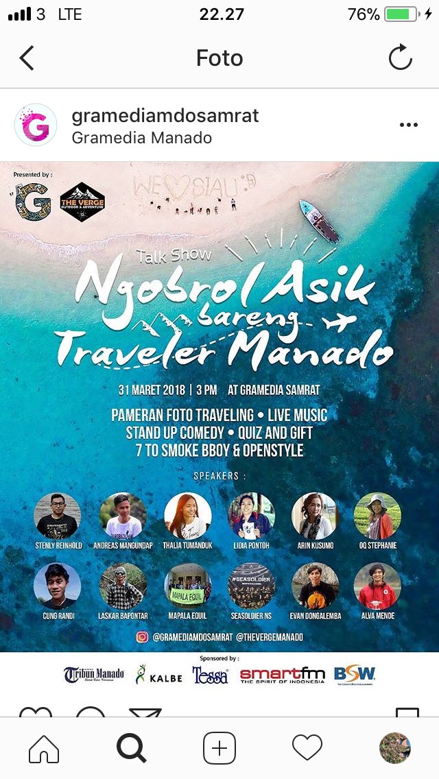 Mapala_Equil's tweet photo. Jangan Lupa guys besok datang di kegiatan Talkshow bareng Traveller Manado,
yang akan di laksanakan di @gramediamdosamrat Pukul 03.00 sore sampai selesai...
Nantinya pengurus mapala equil juga akan menjadi narasumber.
Jangan sampai ketinggalan.. https://t.co/YIA0lC0qr8