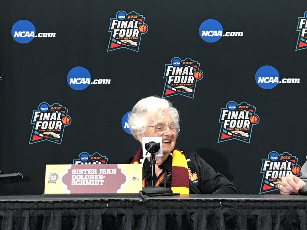 rjochoa's tweet photo. Sister Jean says she feels like this is all a dream. She said can’t tell us what she’s going to tell her team because we might tell Michigan. https://t.co/Z6eCjGZEnB
