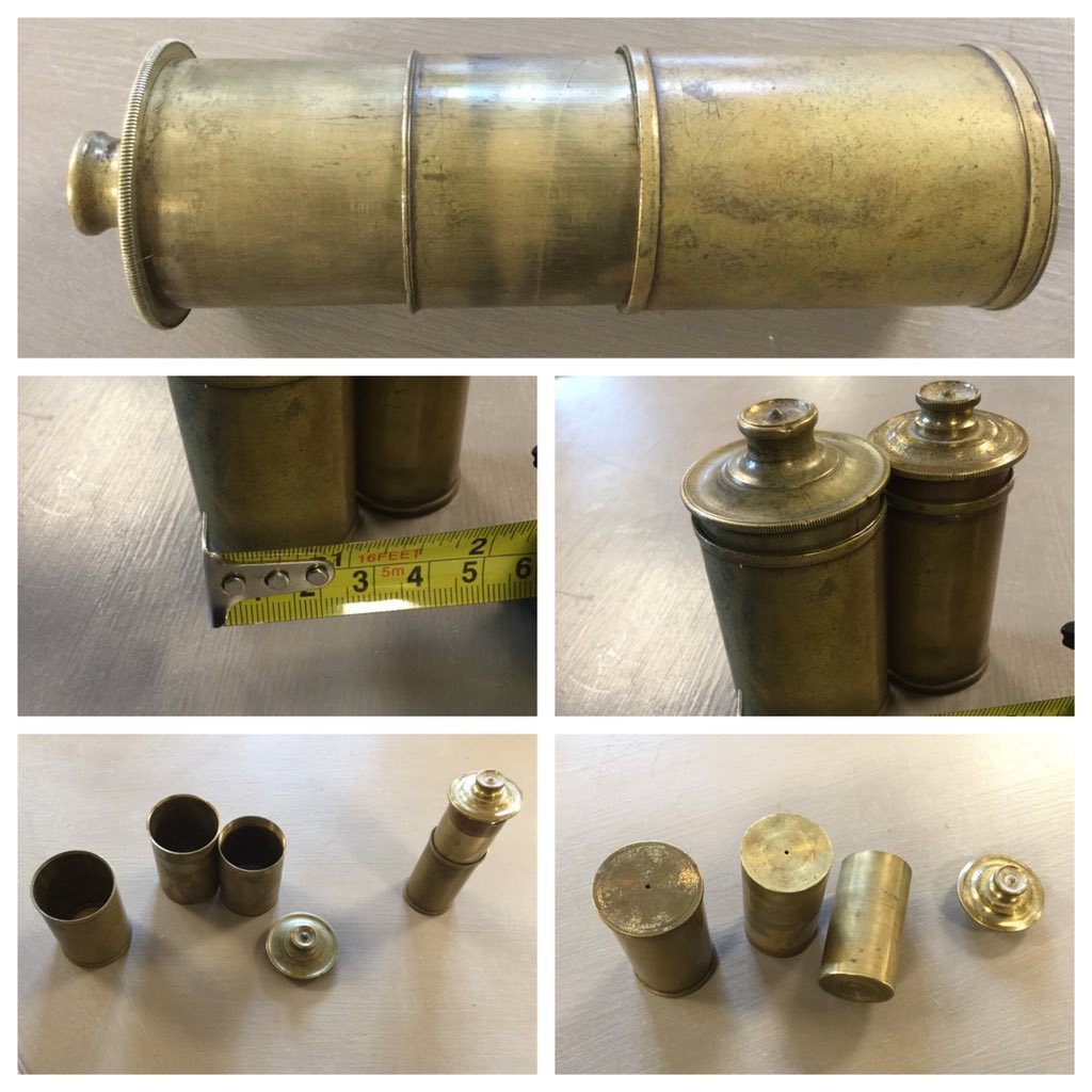 diggerandmojo's tweet image. Yoohoo Antiques boffins! 2 small brass canisters 7 + 9 cm tall screwtop + 2 tight-fitting liners each + traces of gold. Pinhole in each layer secure not airtight - can pump.  WW1 era scientific/medical/photographic kit? Any ideas? #antiques #mysteryobjects