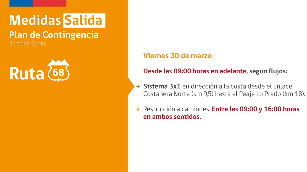 mop_chile's tweet image. Si viajas fuera de Stgo. o hacia la capital en este #ViernesSanto, conoce las medidas especiales en la #Ruta68 y #Ruta5Sur por Semana Santa