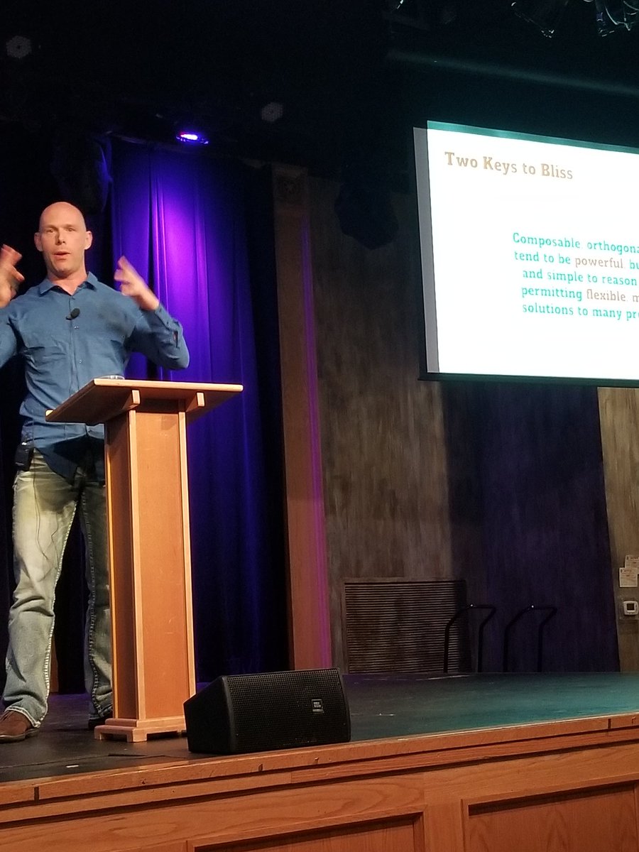 BrandenSchwartz's tweet image. &quot;You can build anything you want out of Legos&quot;
&quot;It&apos;s not possible to have an orthoganal architecture which is not also composable&quot;
...if you&apos;ve heard these sentences within 60 seconds of one another, you may have been in the room for the awesome @jdegoes talk @ #LambdaSquared.