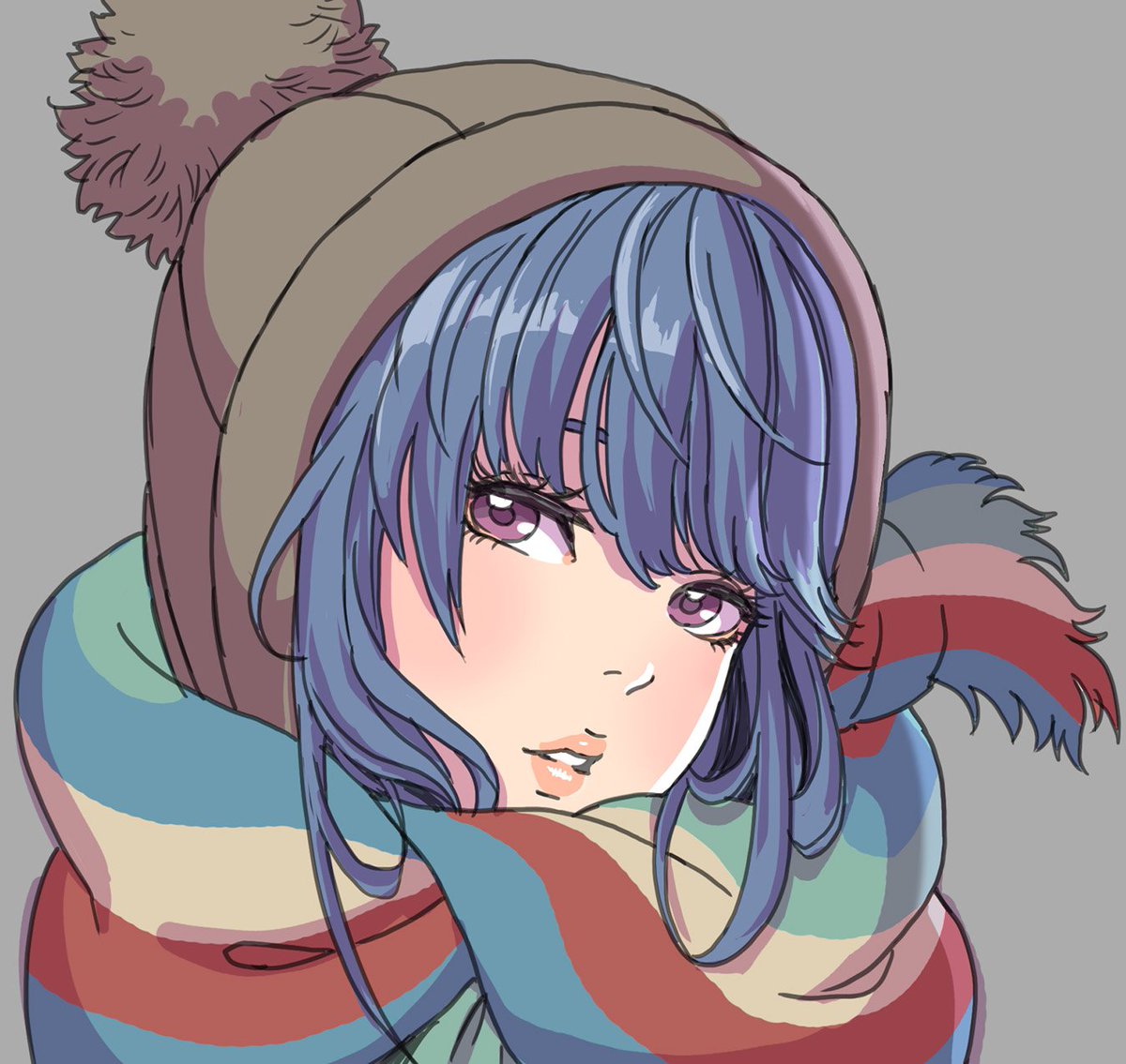 shima rin 1girl solo blue hair scarf hat parted lips grey background  illustration images