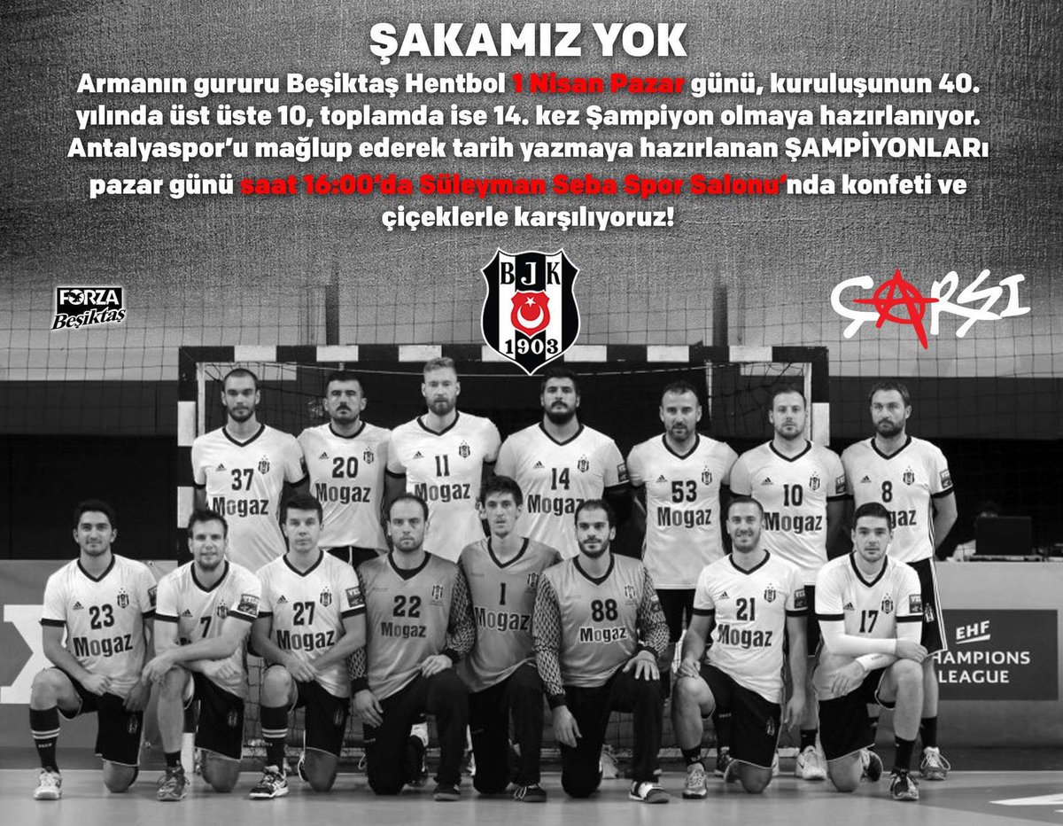 Armanın gururu hentbol takımımız,
Kuruluşunun kırkıncı yılında,
Buraya dikkat!
Üst üste 10,
Toplamda 14. şampiyonluk için Antalyaspor maçına çıkıyor.
1 Nisan Pazar saat 16.00’da Süleyman SEBA'da,
Şampiyonu konfetiler, çiçeklerle karşılıyoruz. <a href="/BJKHentbol/">Beşiktaş Hentbol</a>
