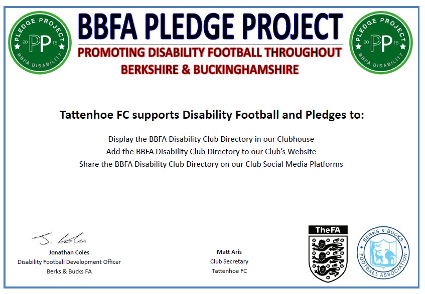 In case you missed it, we are very pleased to have announced another club joining the #BBFAPledgeProject, helping to promote Disability Football.

Many thanks to <a href="/_Tattenhoe_FC/">Tattenhoe FC</a> on being the latest to become a Disability Pledge Club. 

Read more here: ow.ly/vc9S30j9NPe