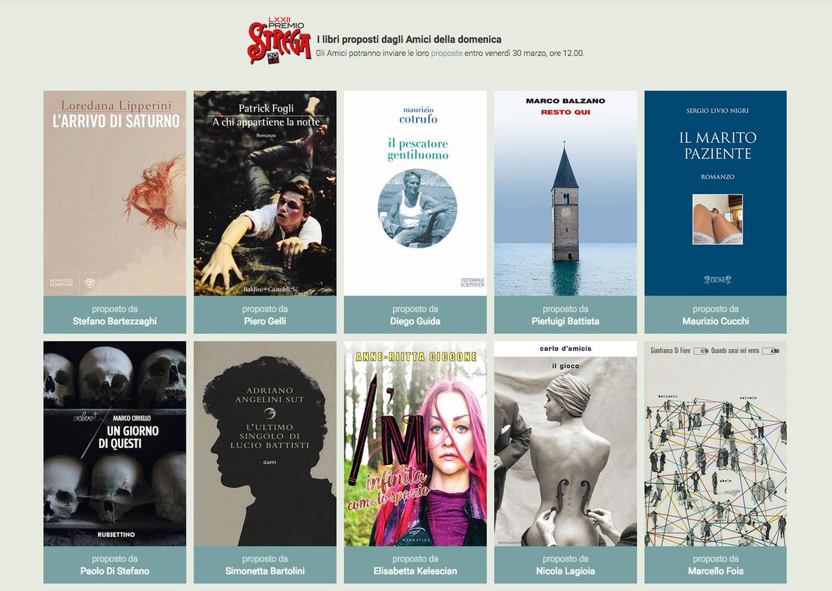 Sono 40 i titoli proposti dagli Amici della domenica per concorrere alla LXXII edizione
I 12 libri selezionati saranno annunciati il 19 aprile in una conferenza stampa che si svolgerà nella Sala del Tempio di Adriano – Camera di Commercio di Roma.
premiostrega.it