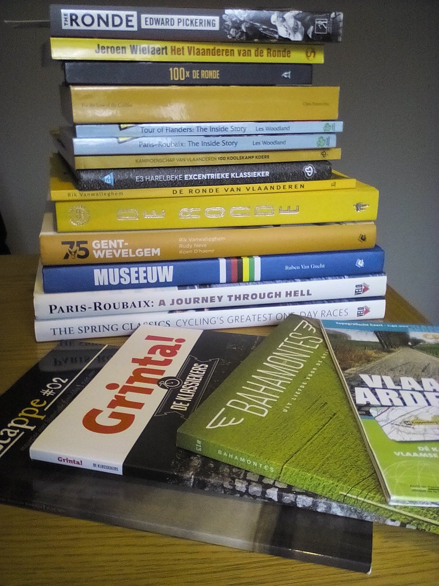 PaulG303's tweet image. Nearing peak #cobbledclassics season, the new book by @EdwardPickering takes its place in the collection #flanders #cycling