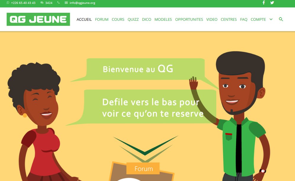 qgjeune.org 
Toutes les informations sur la santé et la vie sexuelle des jeunes [  Cours, Quizz, Dico, Modèles, Opportunités, Vidéos, Centres, ... ] 
 Bravo #UNFPA #UN #TICANALYSE ! <a href="/DDJOUMA/">Daouda Djouma</a>  <a href="/metsi2/">metsi2</a> <a href="/rouamba_m/">ROUAMBA Mahamadi</a> <a href="/sanonhadja/">Hadja OUATTARA/SANON</a>