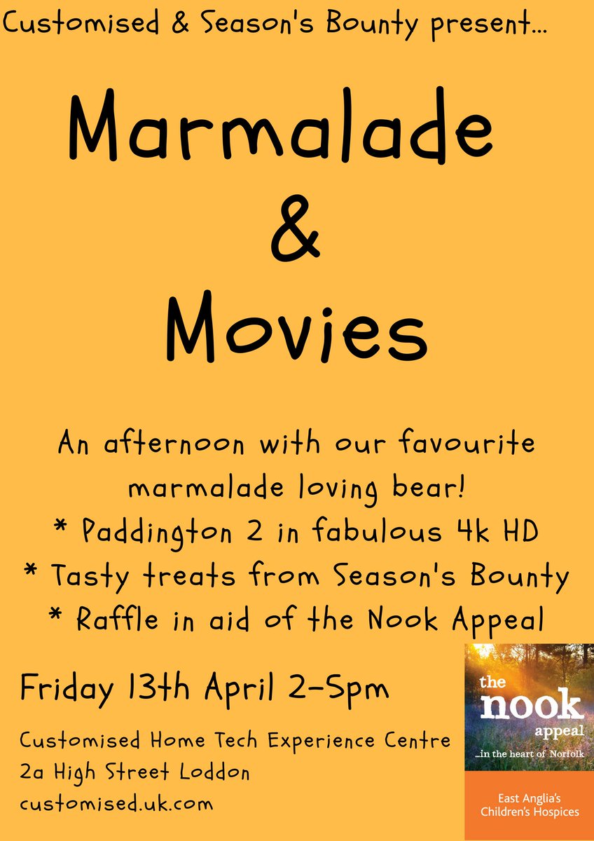 CustomisedStaff's tweet image. Date for your diary; kids and big kids alike are welcome to our Marmalade &amp;amp; Movies event, 13/04 2-5pm with @SeasonzBounty with raffle in aid of @EACH_Norfolk
