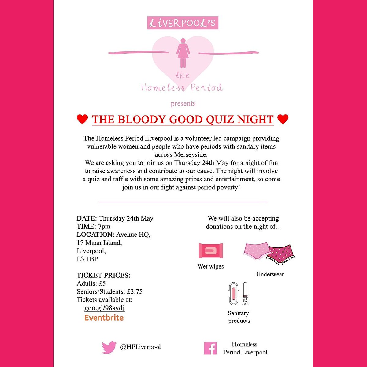 The Bloody Good Quiz night on Thursday 24th May 7pm. The night will involve a quiz, raffle, prizes entertainment and funds raised will be split between @HPLiverpool and <a href="/rasa_merseyside/">RASA Merseyside</a>. Come join us in our fight against period poverty! #homelessperiod