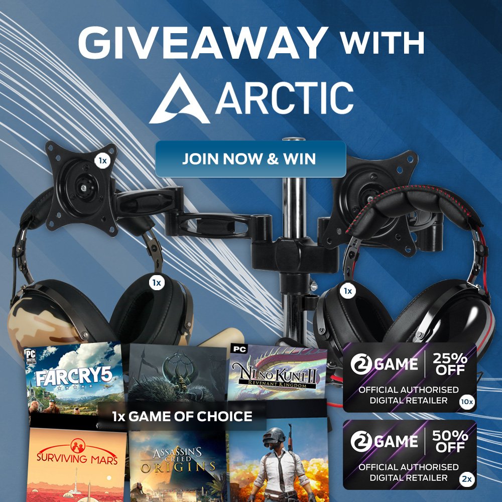 2game's tweet photo. We've partnered up with @ARCTIChannel for a new giveaway! This time around you can with monitor arm, headsets, games and vouchers! 😊 Enter here: https://t.co/rzL1xzgxlC https://t.co/g6OvBc2TxT