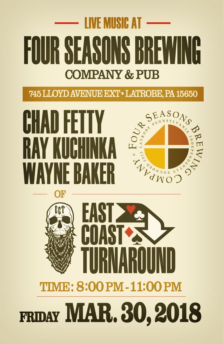 ectband's tweet photo. Tonite! @ChadFetty, @RayKuchinka and #WayneBaker at @FourSeasonsBrew in #LatrobePA. 8 pm. See you there! #livemusic #brewery #beer https://t.co/dyvSBZtkg5