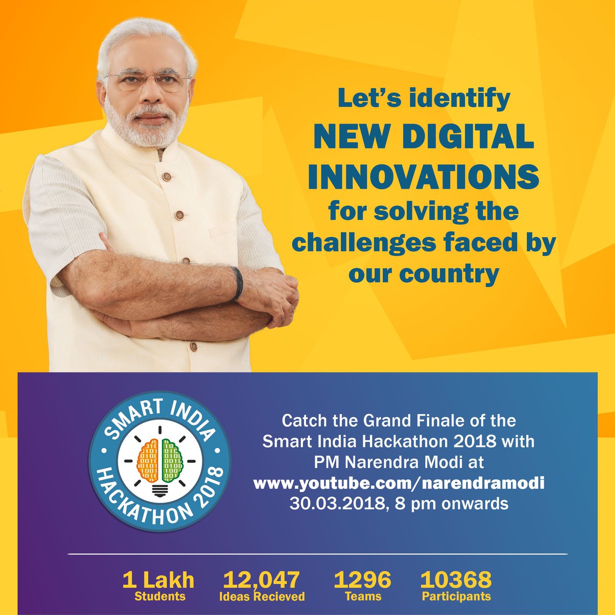 mygovindia's tweet photo. Join the Grand Finale of #SmartIndiaHackathon2018 as PM @narendramodi addresses young innovators across the country at 8pm today. Watch Live at: https://t.co/JKXYrsDKsa https://t.co/RKdXAKK55w